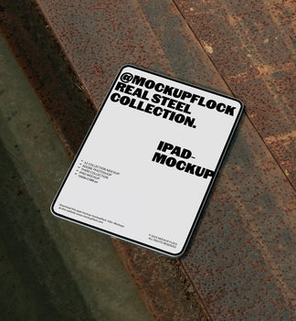 iPad mockup displayed on rusty steel surface