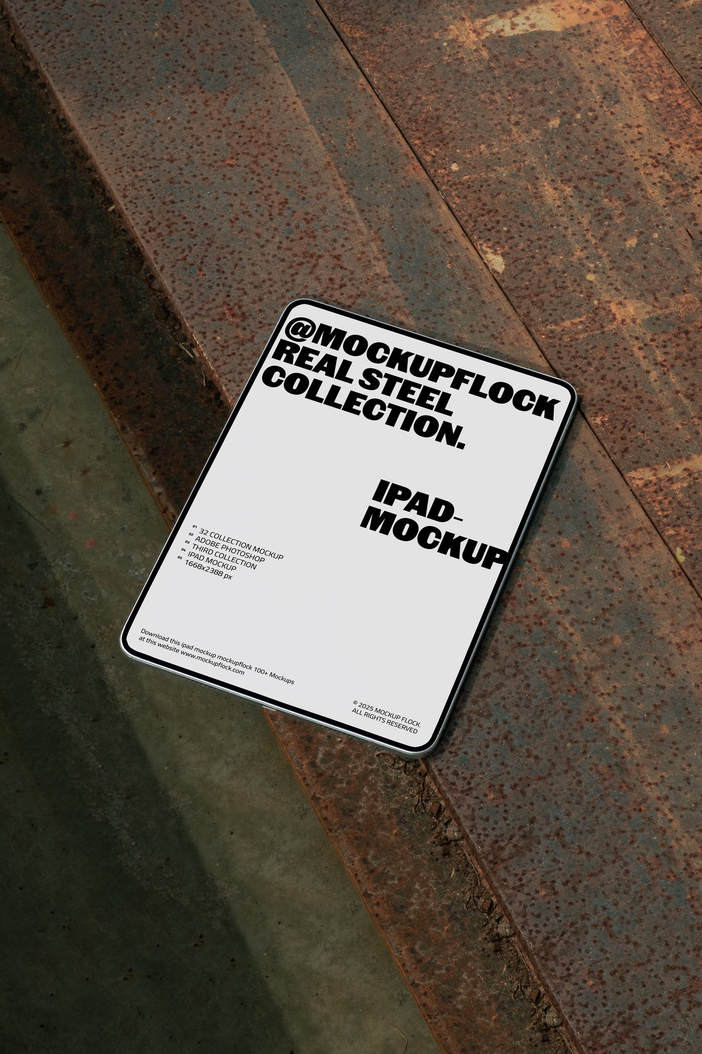 iPad mockup displayed on rusty steel surface