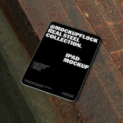 iPad mockup displayed on rusty steel surface