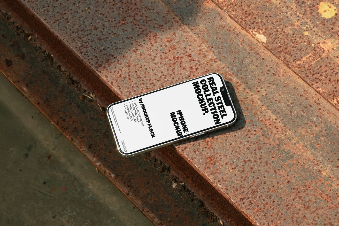 iPhone mockup placed on rusted steel surface 