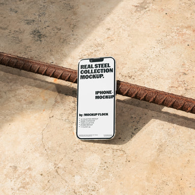 Iphone mockup displayed on a concrete floor with industrial metal rods