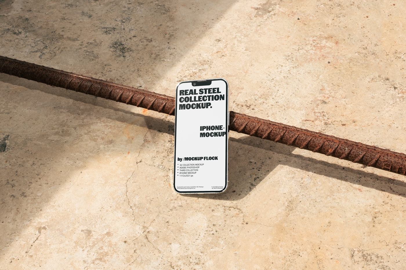 Iphone mockup displayed on a concrete floor with industrial metal rods