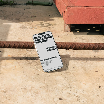 iPhone mockup on a urban rustic metal surface, ideal for design mockups or templates.