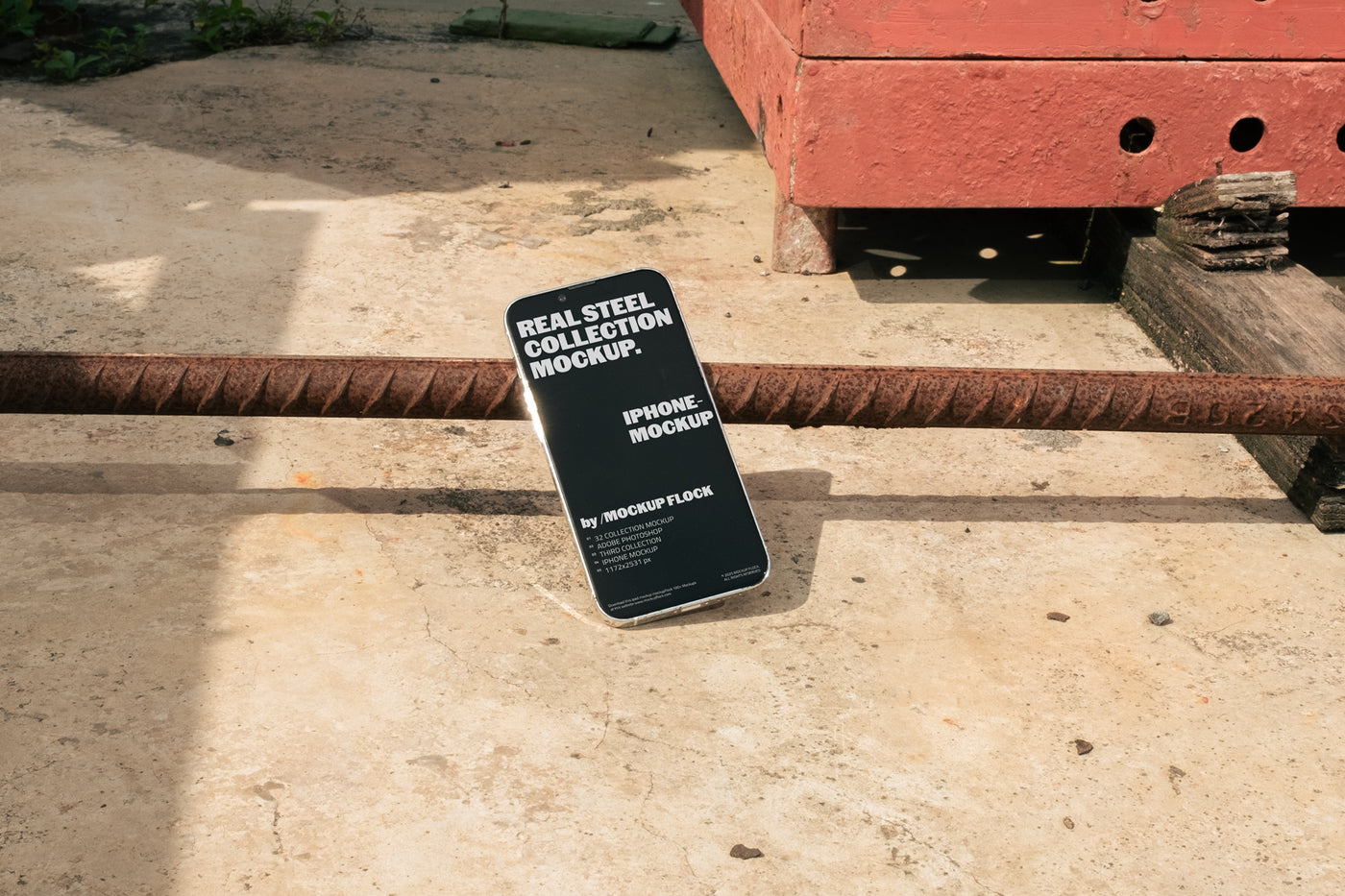 iPhone mockup on a urban rustic metal surface, ideal for design mockups or templates.