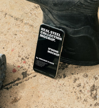 iPhone mockup leaning against a black rubber boot