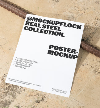 Poster mockup displayed on concrete floor with industrial rusted