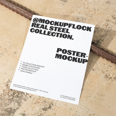 Poster mockup displayed on concrete floor with industrial rusted