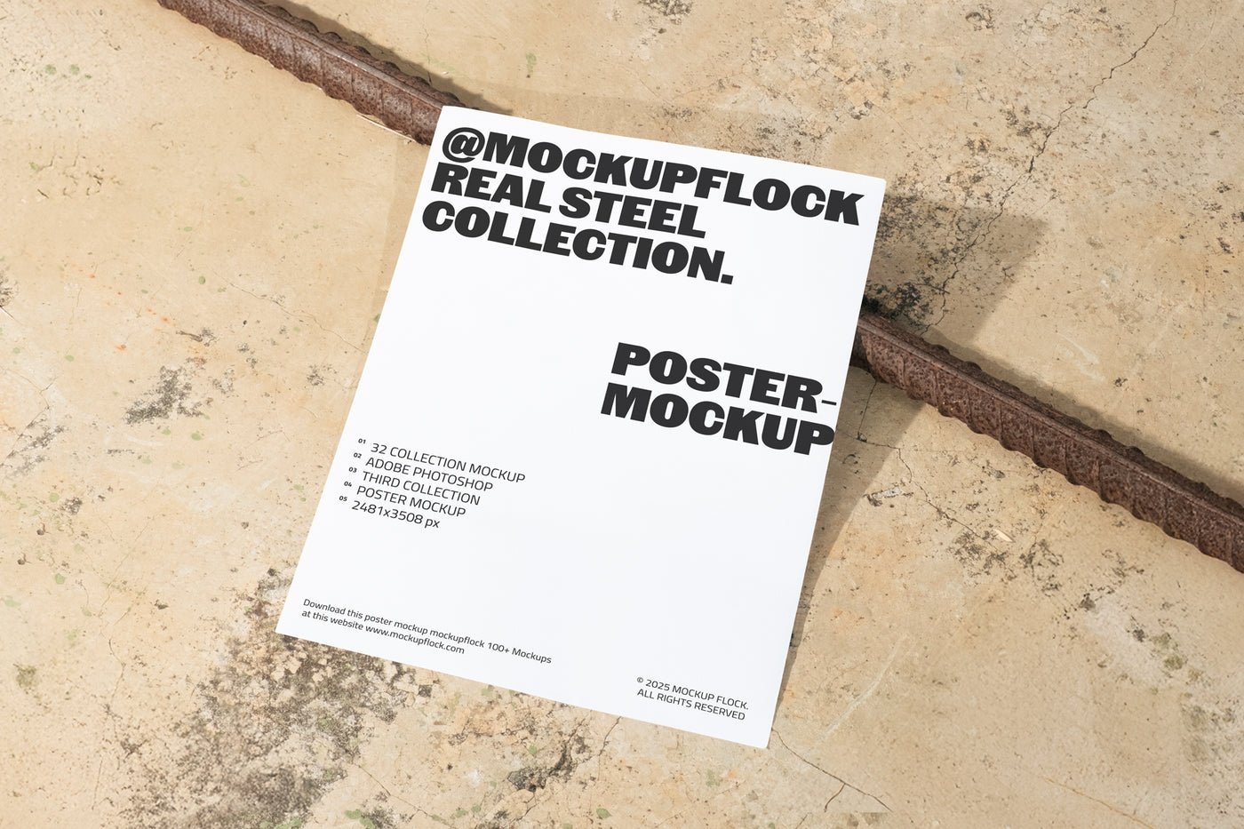 Poster mockup displayed on concrete floor with industrial rusted