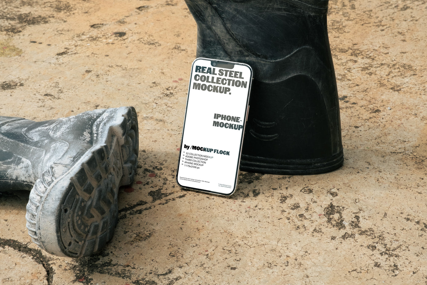 iPhone mockup leaning against a black rubber boot