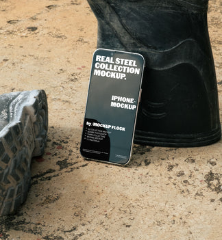 iPhone mockup leaning against a black rubber boot