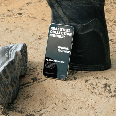 iPhone mockup leaning against a black rubber boot