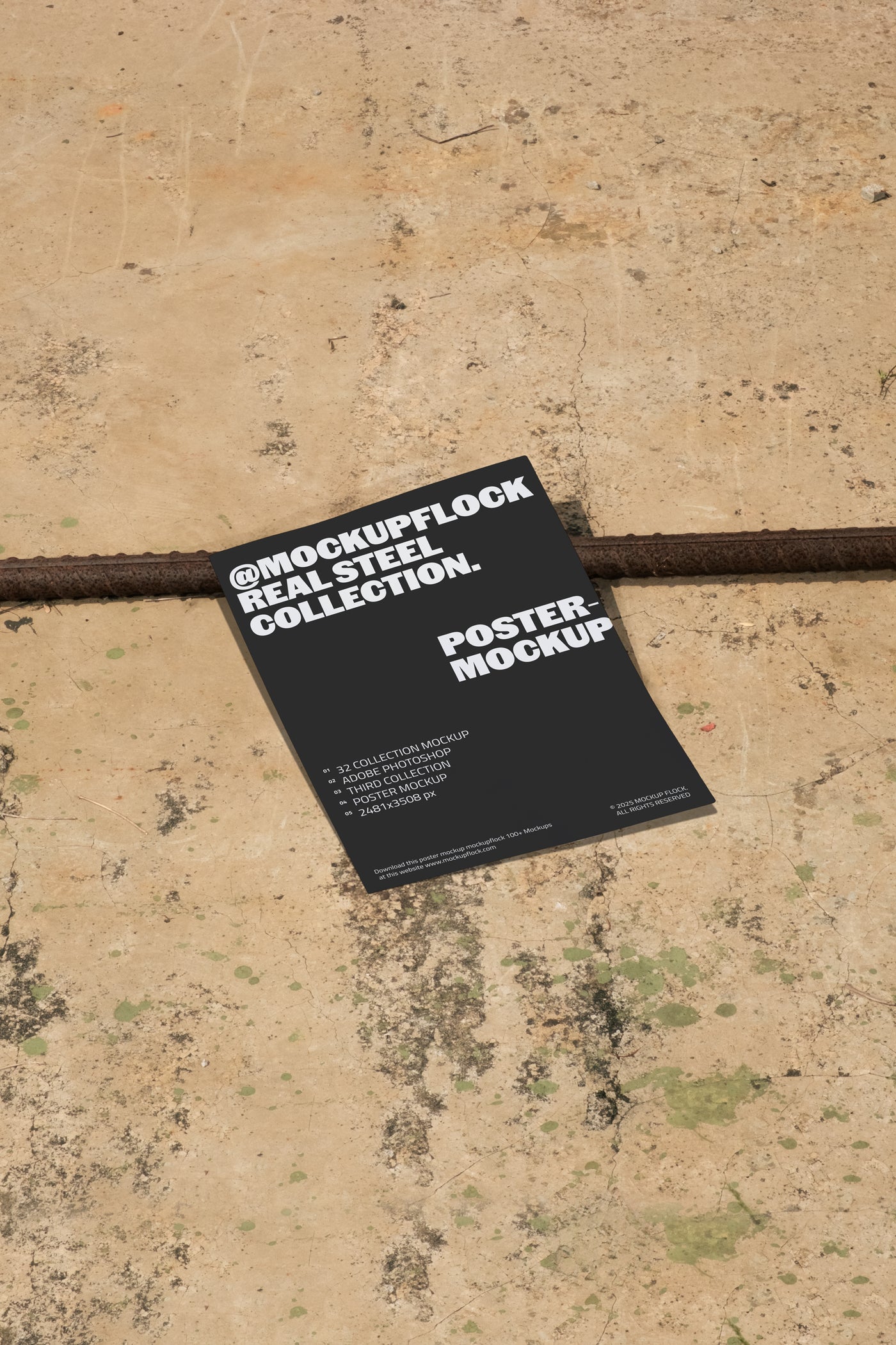 Poster mockup displayed on a concrete floor with industrial metal rods