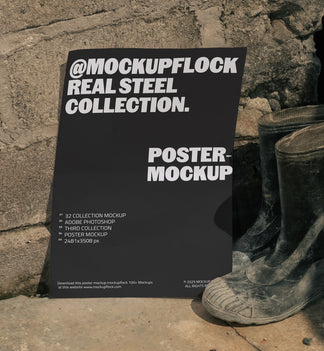 Poster mockup leaning against a rough concrete wall beside a pair of dusty black boots