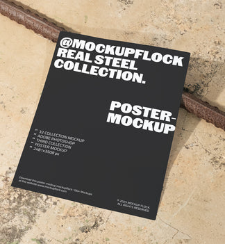 Poster mockup displayed on concrete floor with industrial rusted