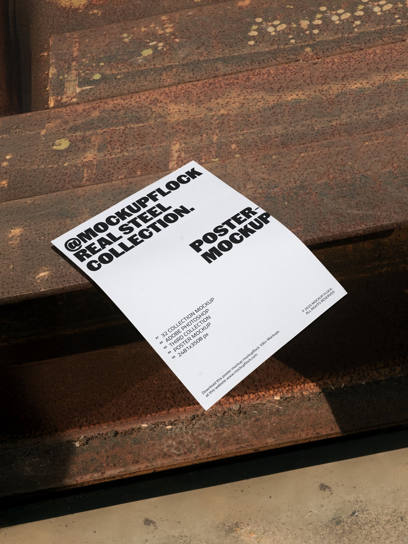 Poster mockup placed on rusted steel surface