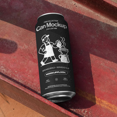 High quality can mockup leaning on a steel frame. Aesthetic packaging mockup created for Adobe Photoshop by Mockup Flock