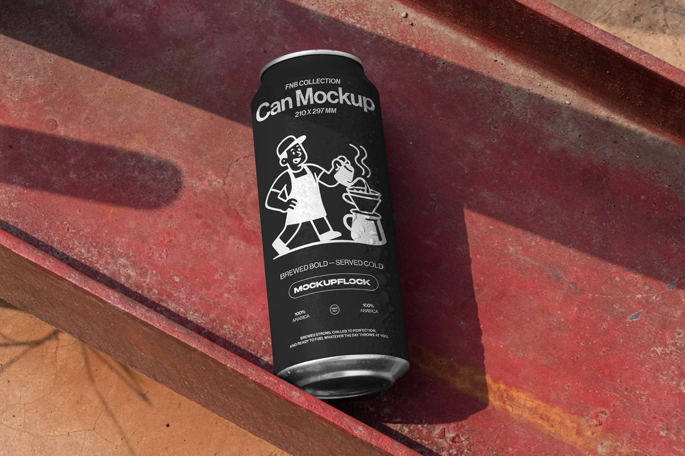 High quality can mockup leaning on a steel frame. Aesthetic packaging mockup created for Adobe Photoshop by Mockup Flock
