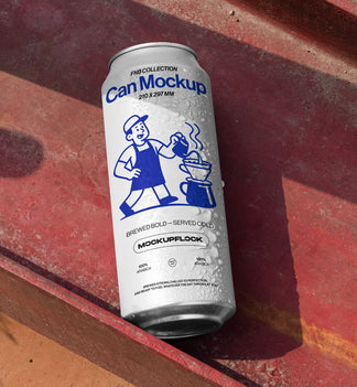 High quality can mockup leaning on a steel frame. Aesthetic packaging mockup created for Adobe Photoshop by Mockup Flock