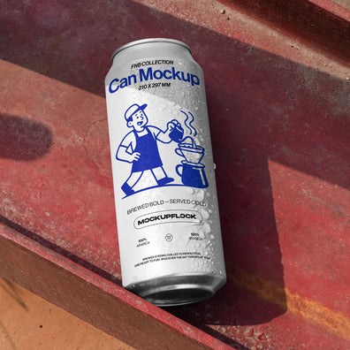 High quality can mockup leaning on a steel frame. Aesthetic packaging mockup created for Adobe Photoshop by Mockup Flock