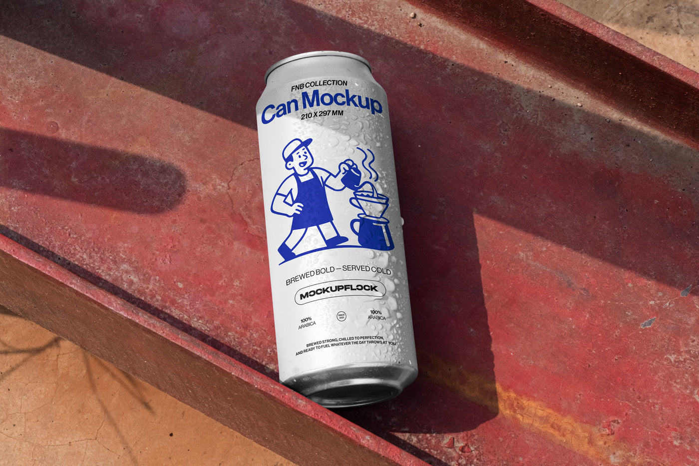 High quality can mockup leaning on a steel frame. Aesthetic packaging mockup created for Adobe Photoshop by Mockup Flock
