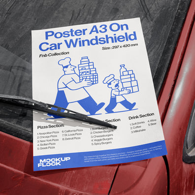 High quality Poster mockup leaning on a window car. Aesthetic print mockup created for Adobe Photoshop by Mockup Flock.