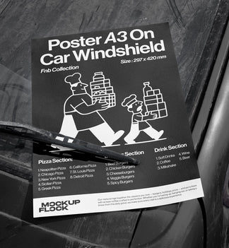 High quality Poster mockup leaning on a window car. Aesthetic print mockup created for Adobe Photoshop by Mockup Flock.