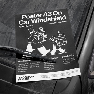 High quality Poster mockup leaning on a window car. Aesthetic print mockup created for Adobe Photoshop by Mockup Flock.