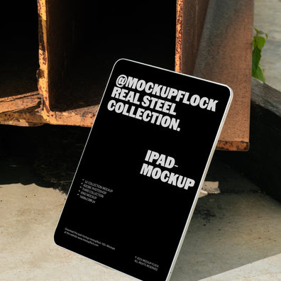  iPad mockup from Mockup Flock Real Steel Collection displayed on concrete floor with industrial rusted steel background for realistic branding presentation.