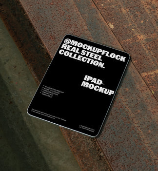 MockupFlock Real Steel Collection iPad mockup displayed on rusty steel surface, featuring industrial textures and realistic shadows for professional design presentation.