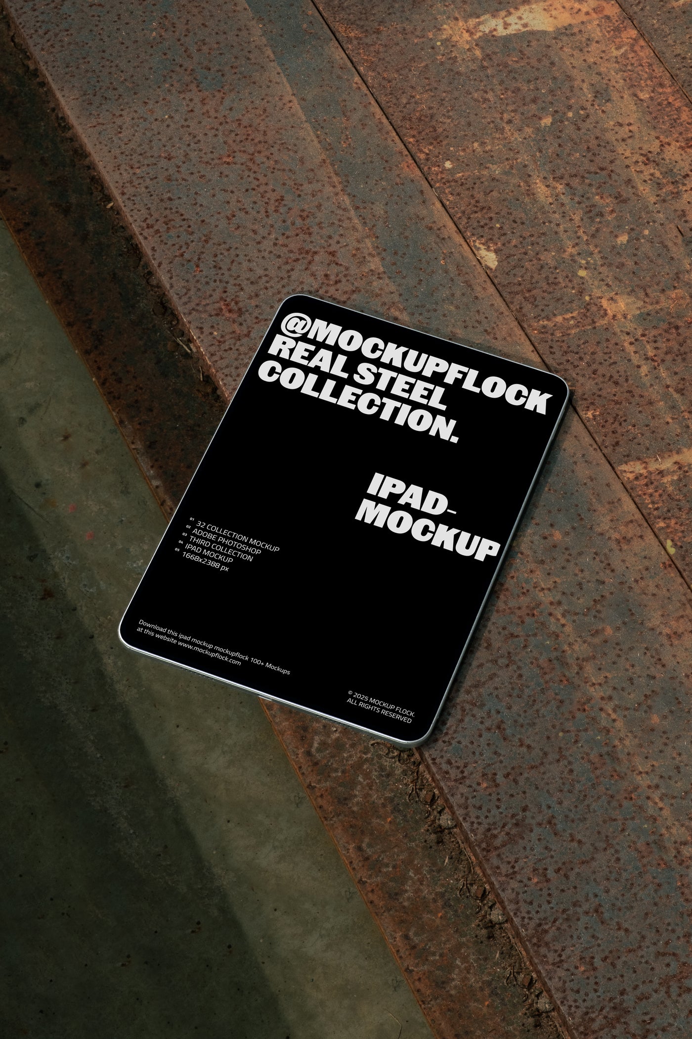 MockupFlock Real Steel Collection iPad mockup displayed on rusty steel surface, featuring industrial textures and realistic shadows for professional design presentation.