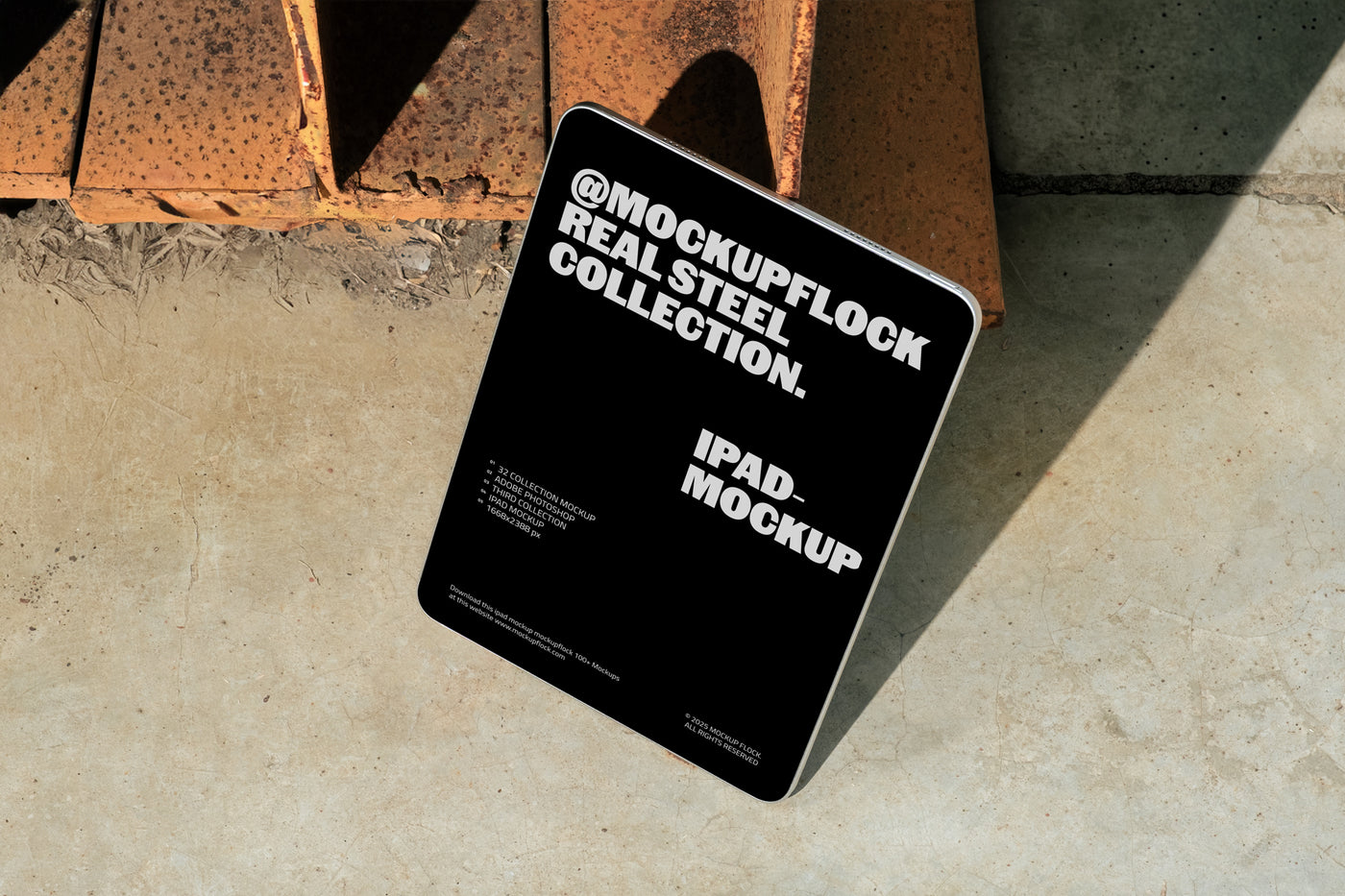 iPad mockup from Mockup Flock Real Steel Collection displayed on concrete floor with industrial rusted steel background for realistic branding presentation.