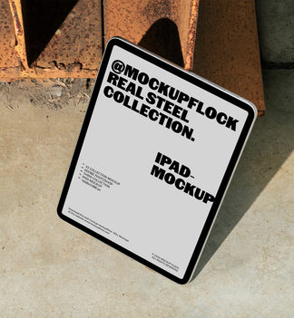 iPad mockup from Mockup Flock Real Steel Collection displayed on concrete floor with industrial rusted steel background for realistic branding presentation.