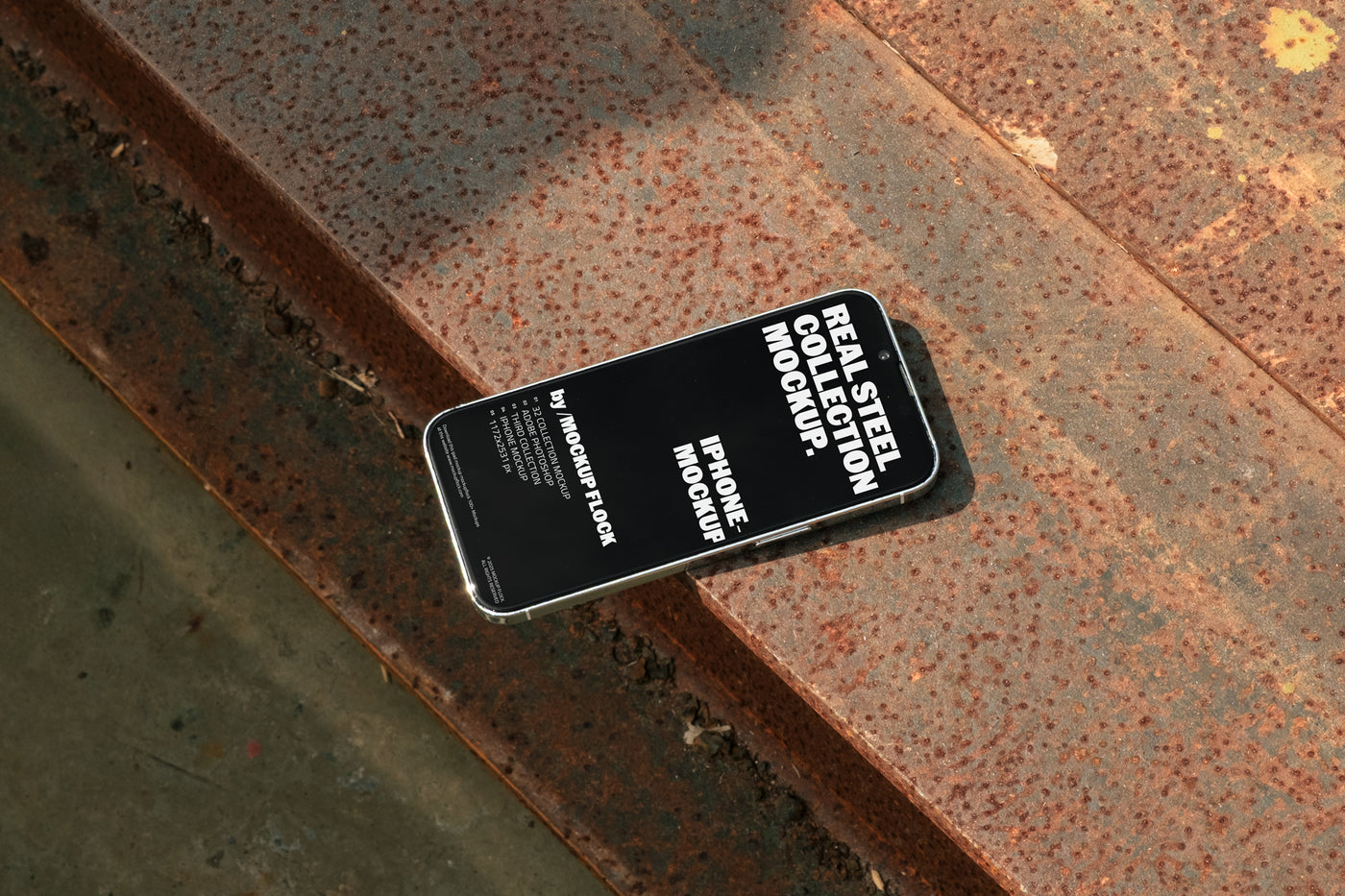 iPhone mockup from Mockup Flock Real Steel Collection placed on rusted steel surface for industrial-style product presentation.