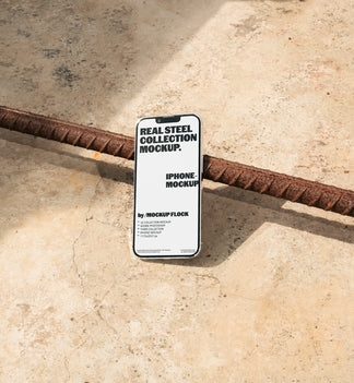 Mockup Flock Real Steel Collection Iphone mockup displayed on a concrete floor with industrial metal rods for realistic product presentation.