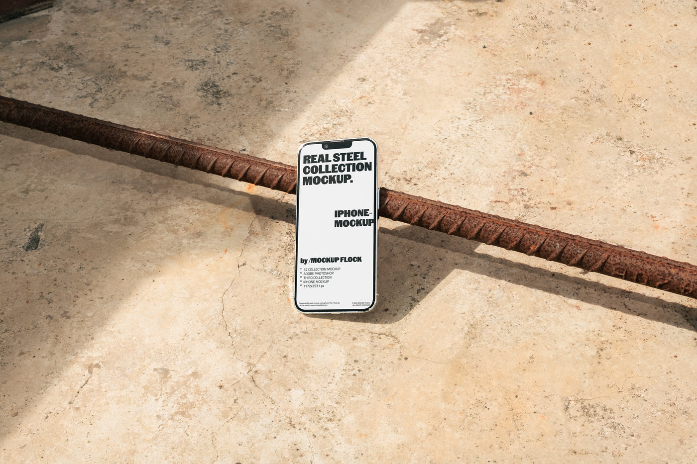 Mockup Flock Real Steel Collection Iphone mockup displayed on a concrete floor with industrial metal rods for realistic product presentation.