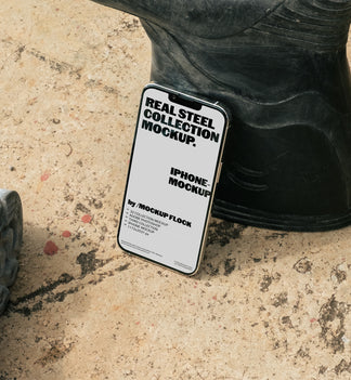 MockupFlock Real Steel Collection iPhone mockup leaning against a black rubber boot on a rough, dusty concrete floor, showcasing realistic lighting and industrial textures.