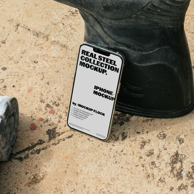MockupFlock Real Steel Collection iPhone mockup leaning against a black rubber boot on a rough, dusty concrete floor, showcasing realistic lighting and industrial textures.