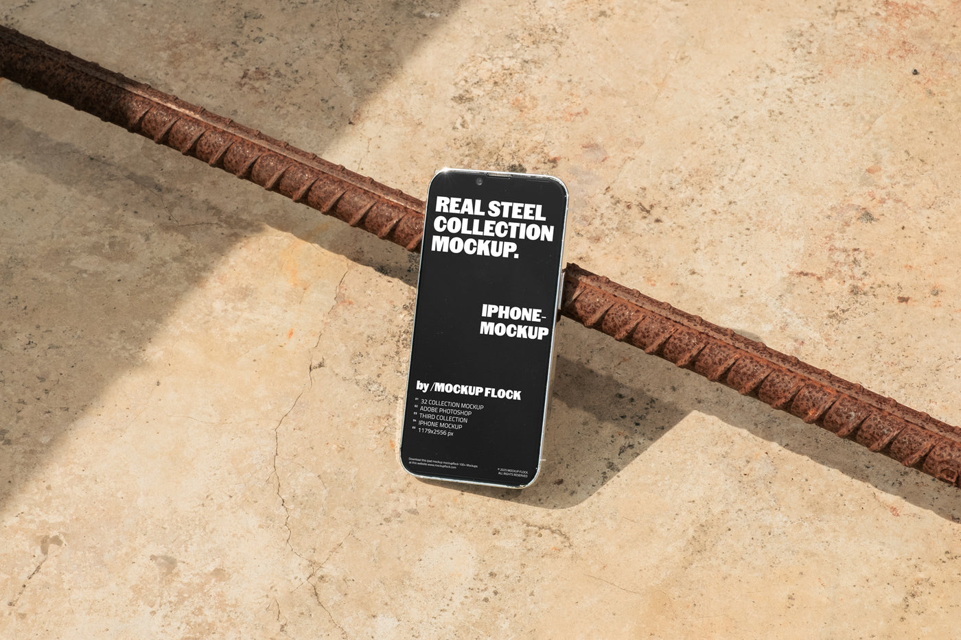 Mockup Flock Real Steel Collection Iphone mockup displayed on a concrete floor with industrial metal rods for realistic product presentation.
