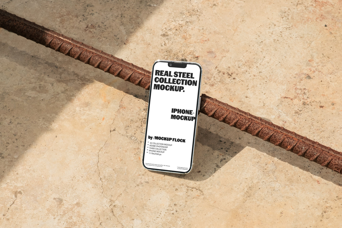 Mockup Flock Real Steel Collection Iphone mockup displayed on a concrete floor with industrial metal rods for realistic product presentation.