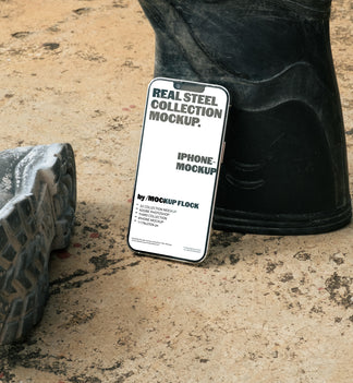 MockupFlock Real Steel Collection iPhone mockup leaning against a black rubber boot on a rough, dusty concrete floor, showcasing realistic lighting and industrial textures.