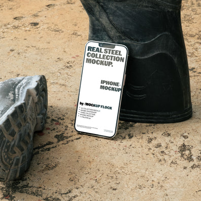 MockupFlock Real Steel Collection iPhone mockup leaning against a black rubber boot on a rough, dusty concrete floor, showcasing realistic lighting and industrial textures.