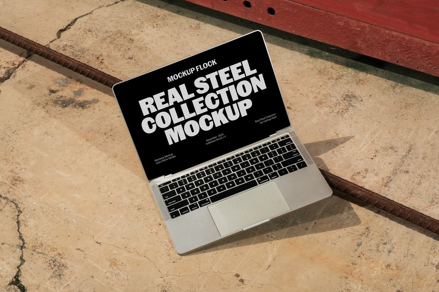 Mockup Flock Real Steel Collection MacBook mockup displayed on a concrete floor with industrial metal rods for realistic product presentation.