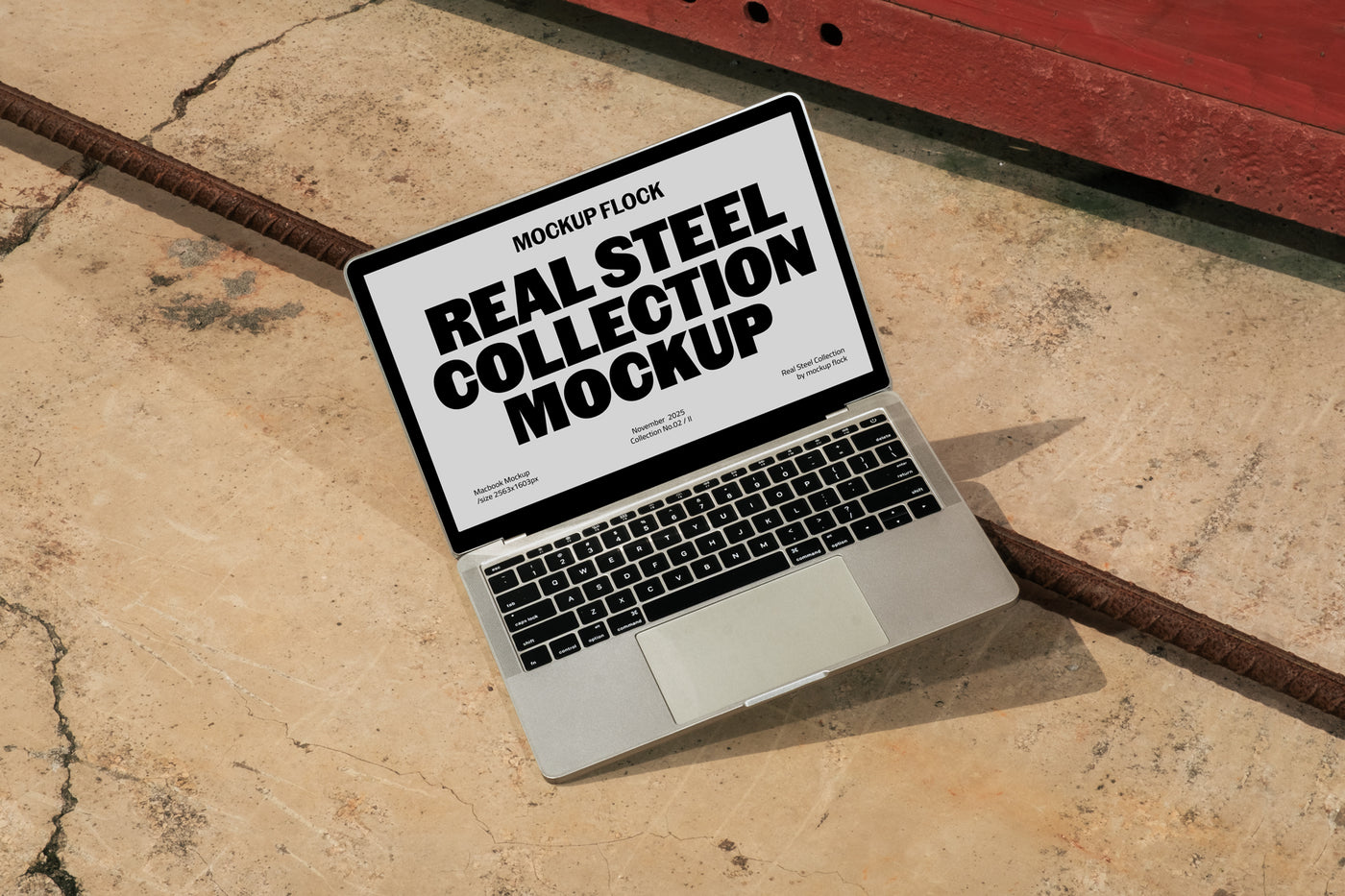 Mockup Flock Real Steel Collection MacBook mockup displayed on a concrete floor with industrial metal rods for realistic product presentation.