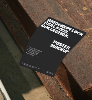 Mockup Flock Real Steel Collection poster mockup displayed on rusty steel surface, showcasing industrial texture and realistic lighting for design presentation.