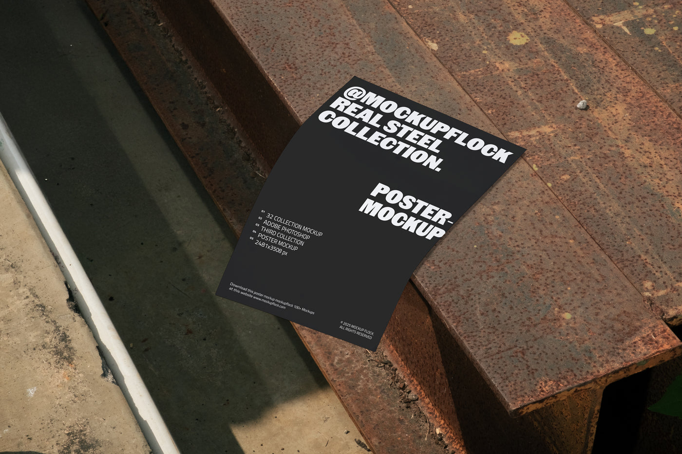 Mockup Flock Real Steel Collection poster mockup displayed on rusty steel surface, showcasing industrial texture and realistic lighting for design presentation.