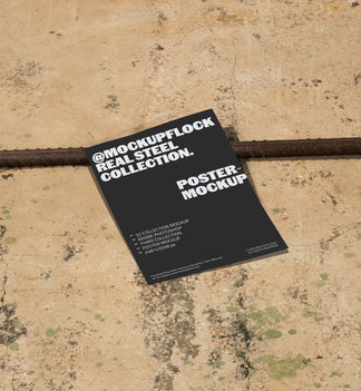 Mockup Flock Real Steel Collection Poster mockup displayed on a concrete floor with industrial metal rods for realistic product presentation.