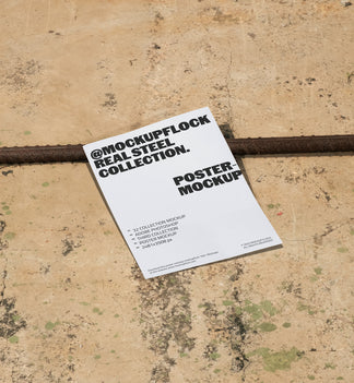Mockup Flock Real Steel Collection Poster mockup displayed on a concrete floor with industrial metal rods for realistic product presentation.