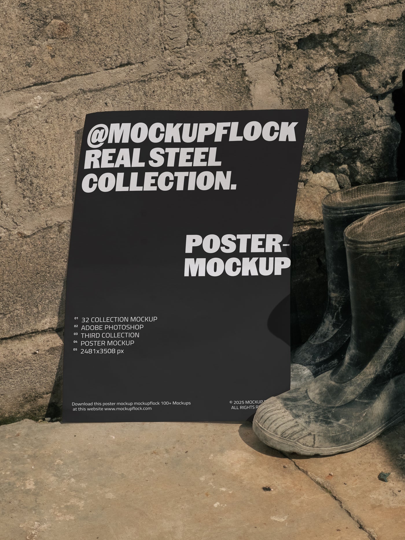 MockupFlock Real Steel Collection poster mockup leaning against a rough concrete wall beside a pair of dusty black boots, showcasing industrial textures and natural lighting.