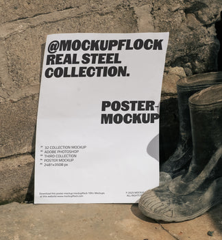 MockupFlock Real Steel Collection poster mockup leaning against a rough concrete wall beside a pair of dusty black boots, showcasing industrial textures and natural lighting.