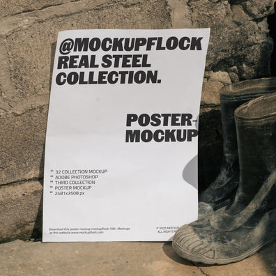 MockupFlock Real Steel Collection poster mockup leaning against a rough concrete wall beside a pair of dusty black boots, showcasing industrial textures and natural lighting.